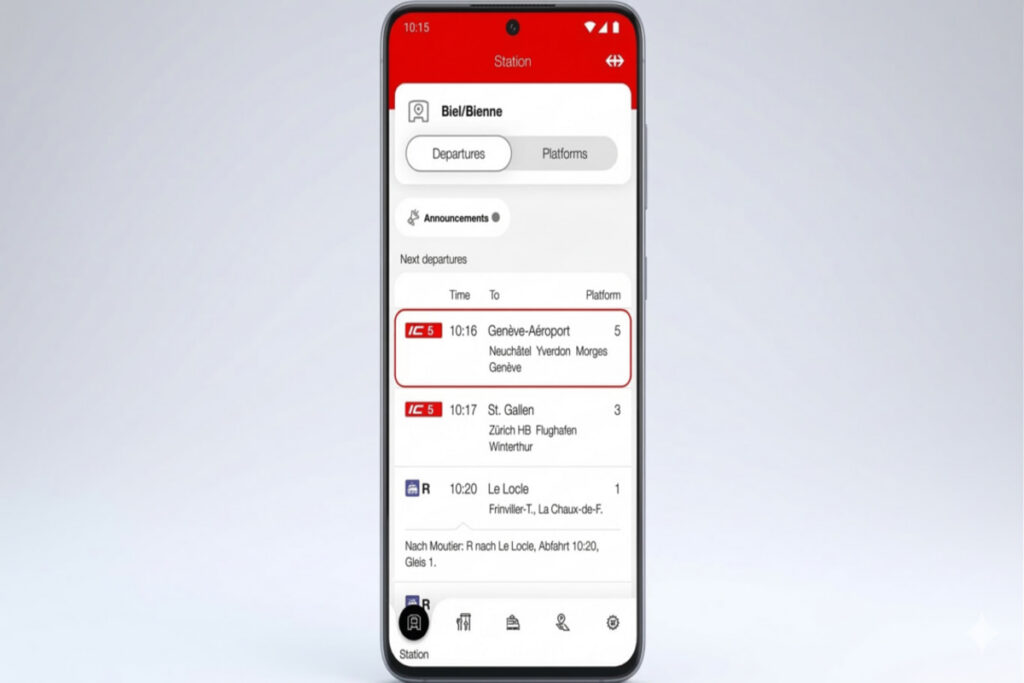 Traveler checking train schedules and occupancy icons on the SBB mobile app.