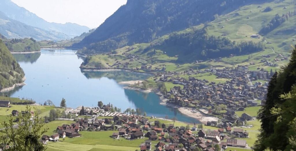 Switzerland alpine landscape with mountains and lake