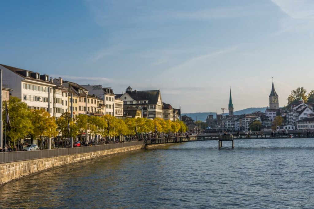 Lake Zurich promenade during summer evening