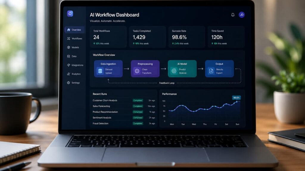 Home 2 laptop displaying AI workflow dashboard